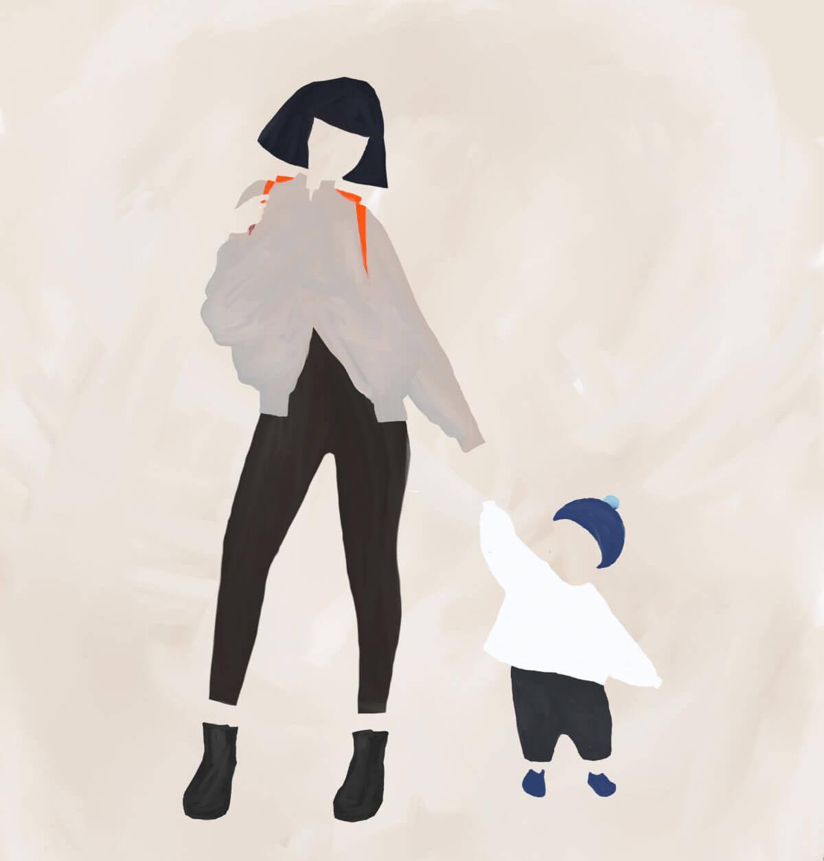 Illustration Mutter und Kind unterwegs